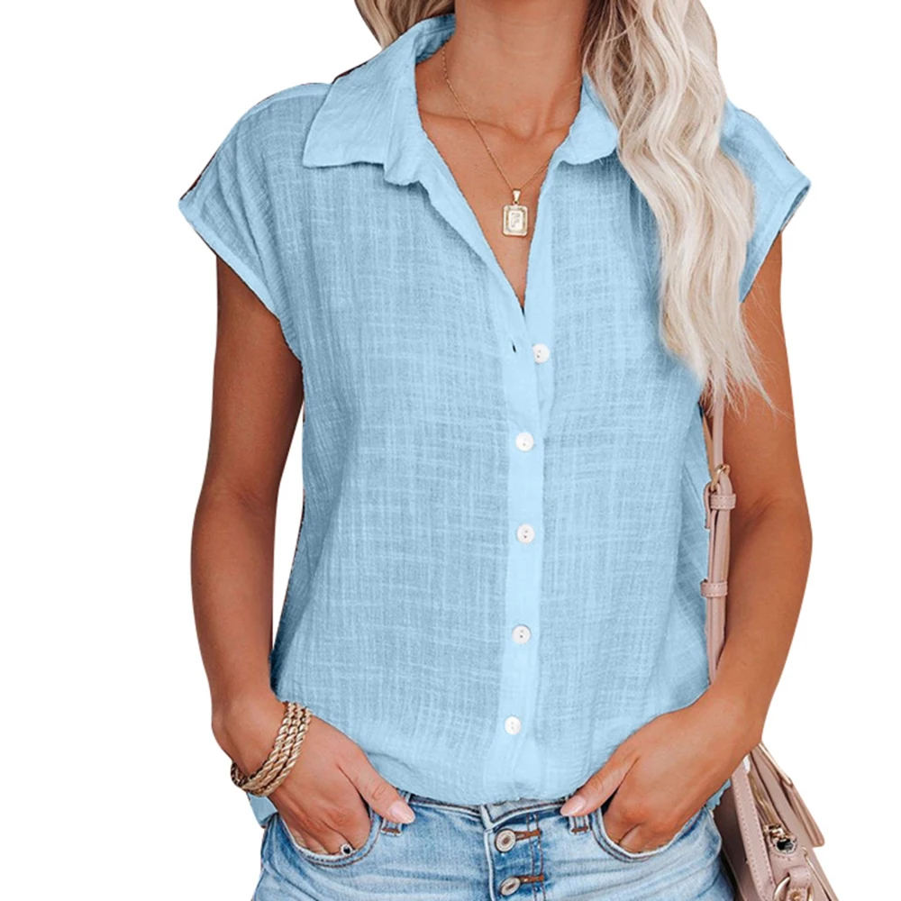 Single Breasted Blouse Button Front Pure Color Turn Down Collar Short Sleeved Blouse for Women Summer Blue L