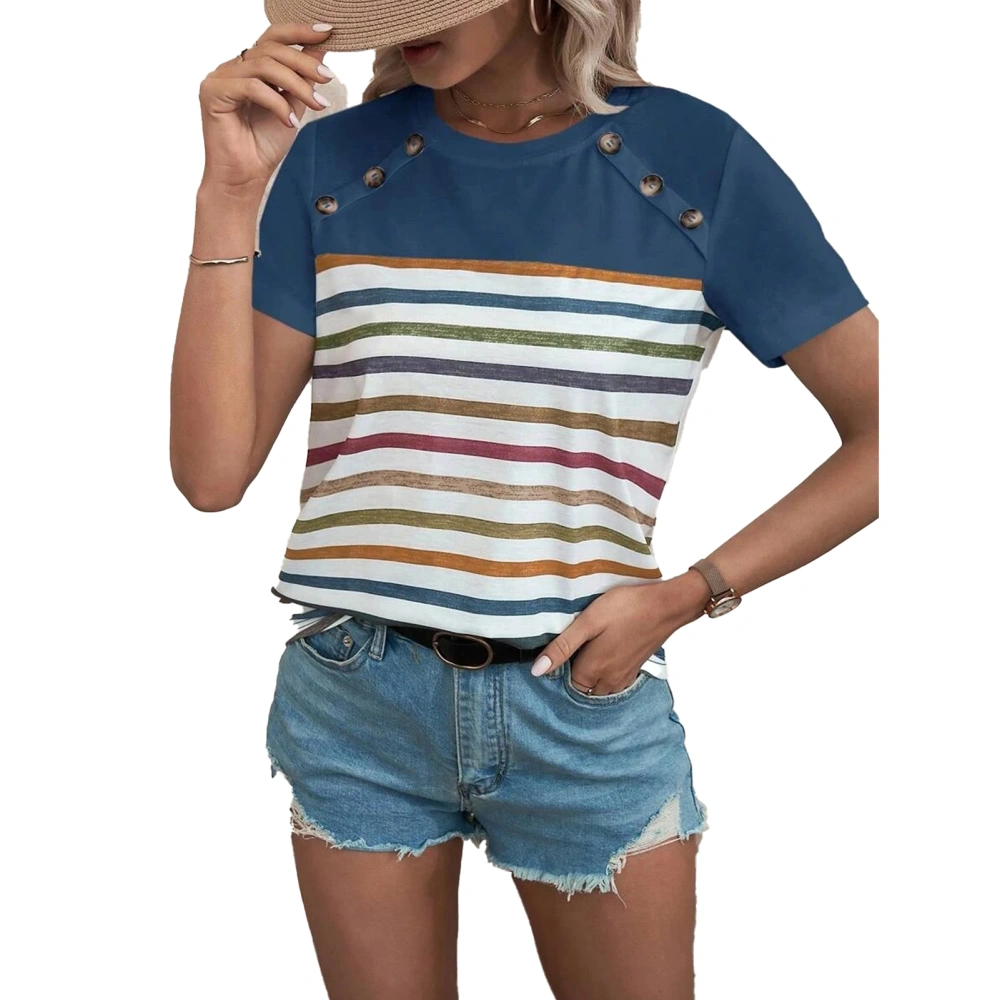 Women T Shirt Round Neck Shoulder Button Short Sleeve Stripe Pattern Stylish Casual Women Summer Top for Holiday Daily Peacock Blue XXL