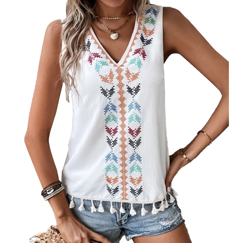 Women V Neck Tank Top Embroider Decor Hem Tassels Loose Fitting Summer Sleeveless Vest White L