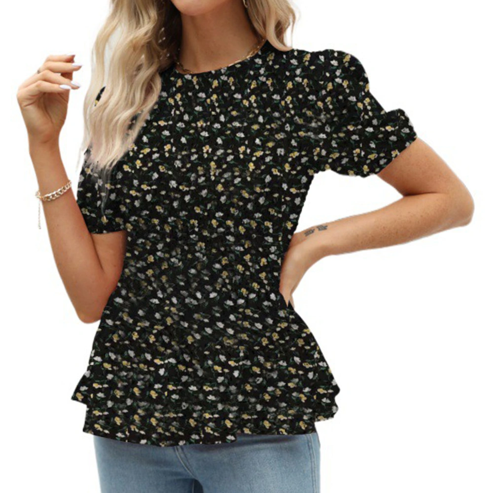 Women Elastic Shirred Top Floral Print Round Neck Short Puff Sleeves Ruffle Hem Summer T Shirt Black L