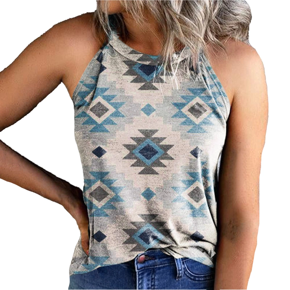 Halter Neck Tank Top Women Summer Casual Stylish Crewneck Print Sleeveless Shirt for Beach Party Light Blue L