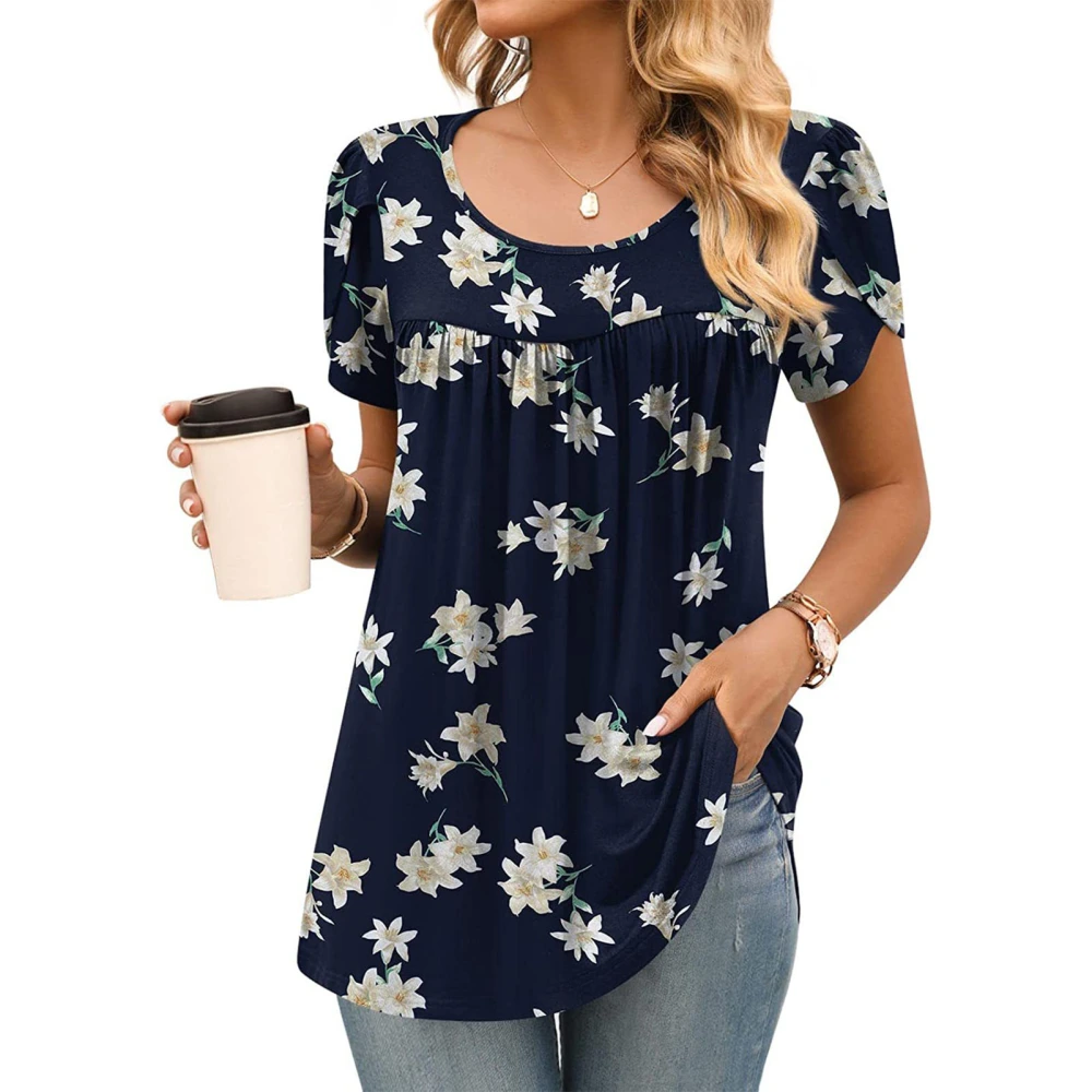 Woman Short Sleeve Shirt Crewneck Printed Loose Fit Blouse Pleated Top for Work Dating Daily Wear Blue Lily M