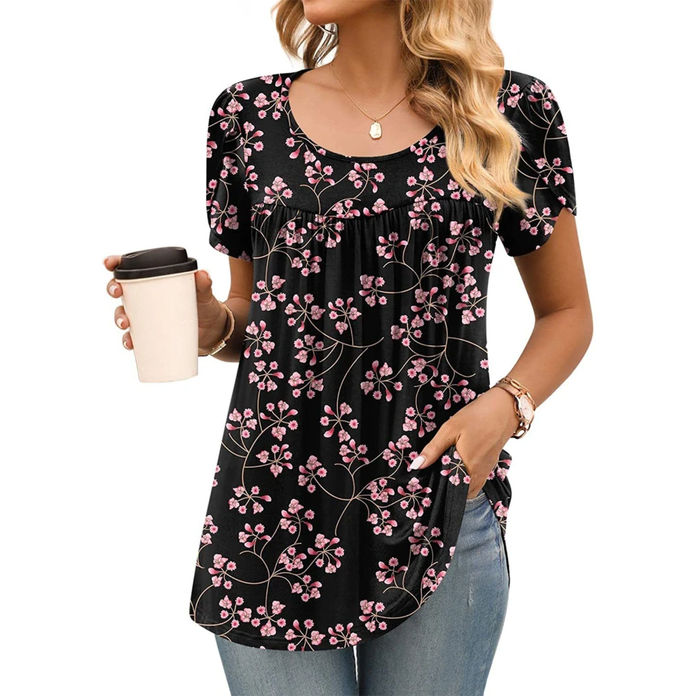 Woman Short Sleeve Shirt Crewneck Printed Loose Fit Blouse Pleated Top for Work Dating Daily Wear Black XL