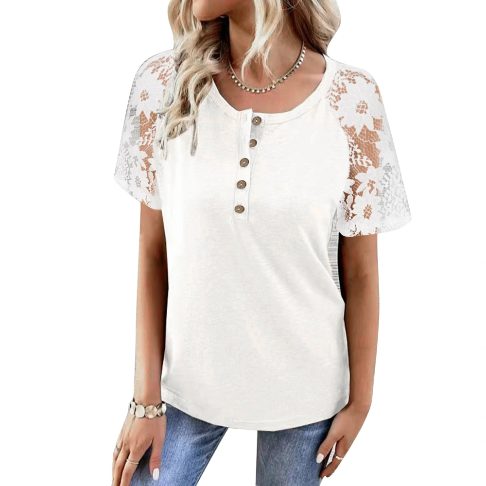 Women Casual Short Sleeve Top Lace Hollow Buttoon Splicing Comfy Fashion Summer Blouse White XL