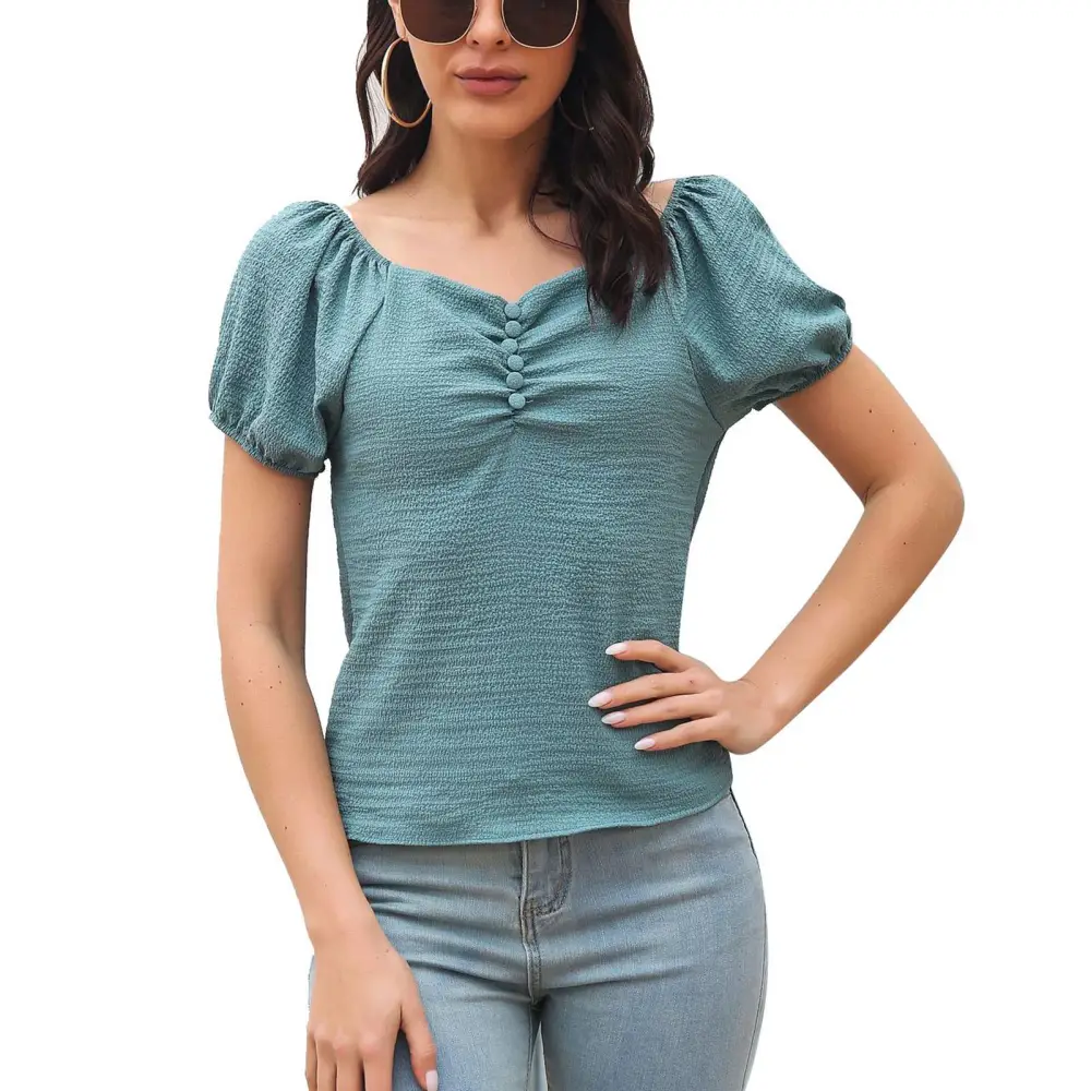 Women Puff Sleeve Top V Neck Short Sleeve Pleated Front Button Slim Fit Simple Plain Pattern Summer T Shirt Blue 2XL