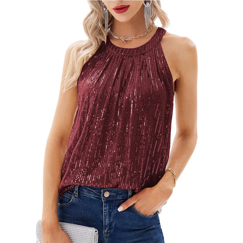 Sleeveless Sequin Tank Glitter Round Neck Sparkle Sequined Tank Shirt for Women Lady Summer Burgundy XXL