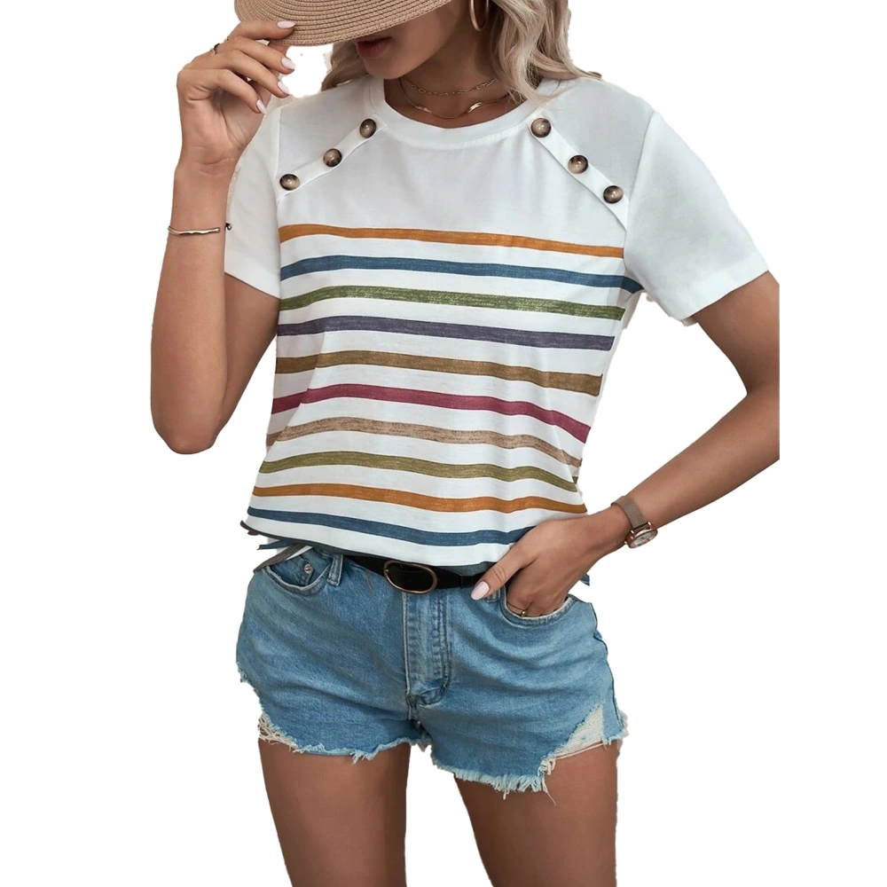 Women T Shirt Round Neck Shoulder Button Short Sleeve Stripe Pattern Stylish Casual Women Summer Top for Holiday Daily White M