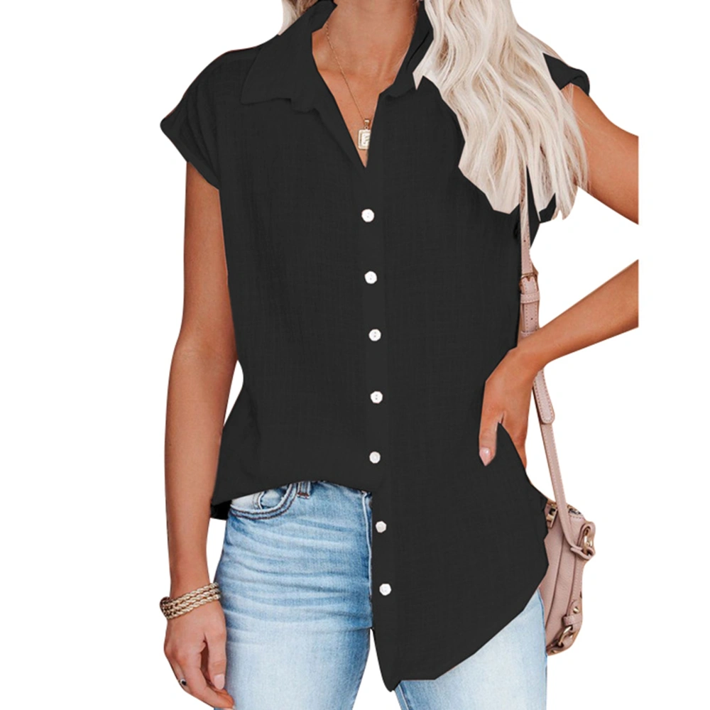 Single Breasted Blouse Button Front Pure Color Turn Down Collar Short Sleeved Blouse for Women Summer Black M