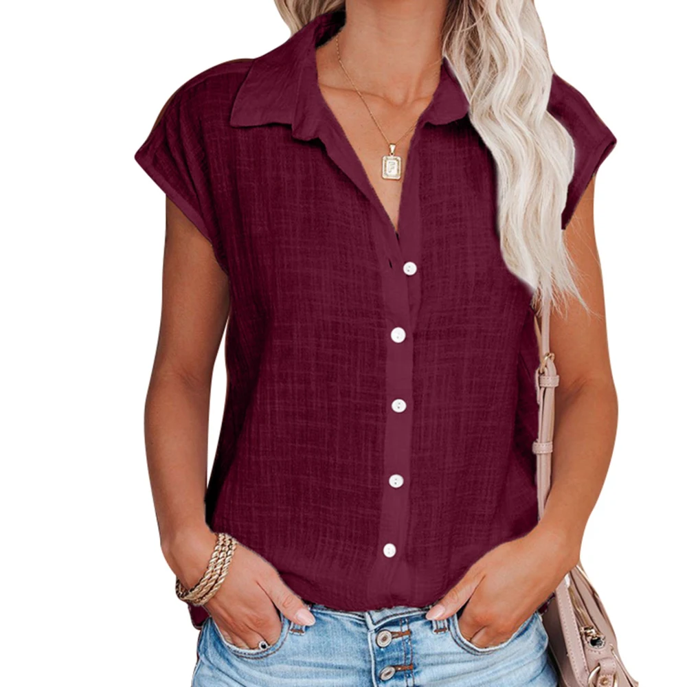 Single Breasted Blouse Button Front Pure Color Turn Down Collar Short Sleeved Blouse for Women Summer Burgundy M