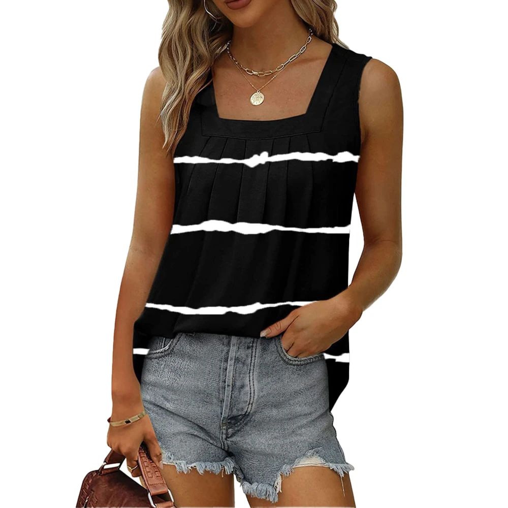 Women Summer Tank Top Loose Pleated Sleeveless Color Block Tie Dye Striped Top for Female Black XXL