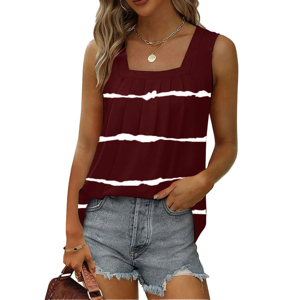 Women Summer Tank Top Loose Pleated Sleeveless Color Block Tie Dye Striped Top for Female Wine Red M