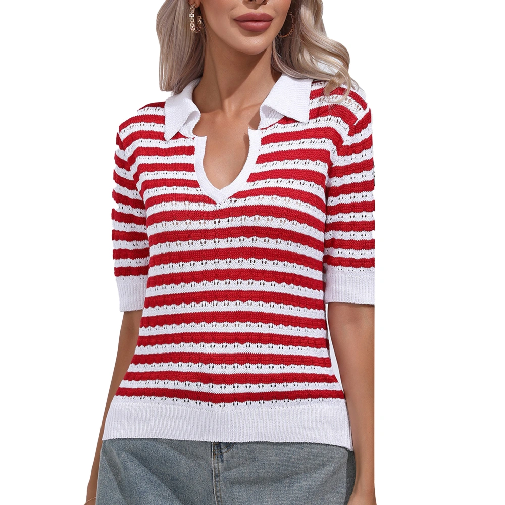 Women Knitted V Neck Top Half Sleeve Hollow Turn Down Collar High Stretch Casual Summer Sweater Red L