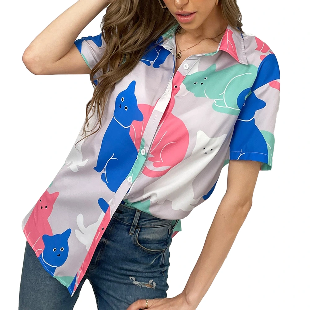 Women Cat Graphic Pattern Button Shirt Short Sleeve Turn Down Collar Casual Figure Print Top Blue Gray XL