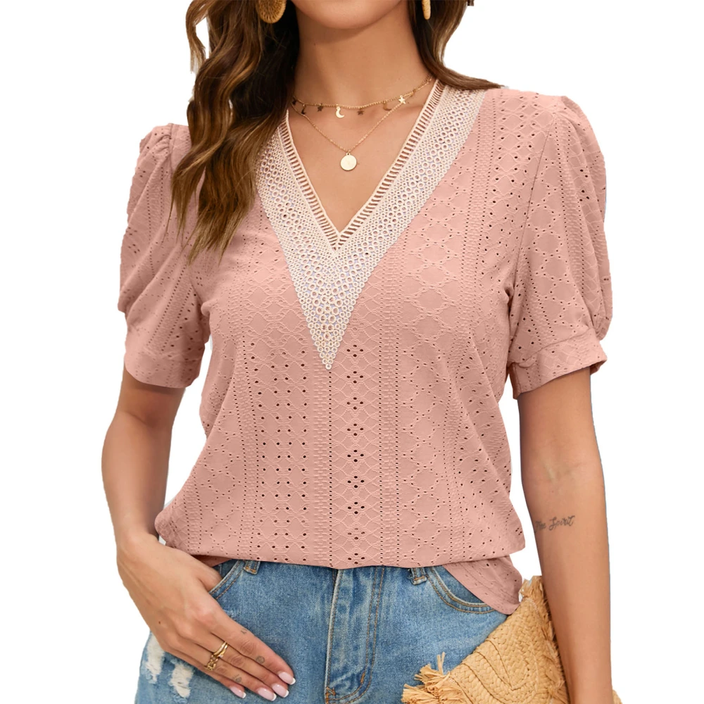 Guipure Short Sleeve Blouse Lace Trim Stitching V Neckline Blouse Shirt for Women Lady Girl Pink S