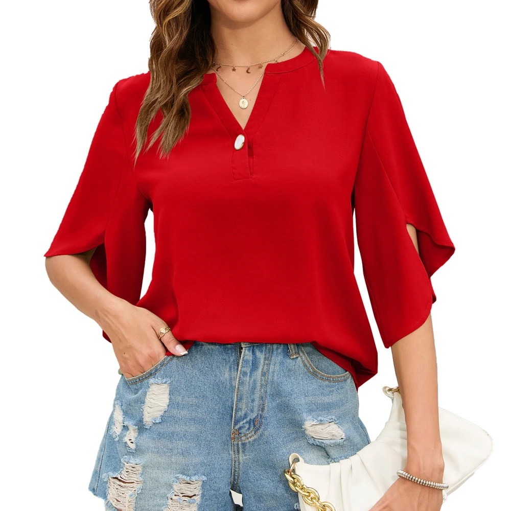 Split Short Sleeve Top Women Loose Casual Fashionable Plain Color V Neck Button Shirt Blouse for Dating Red L