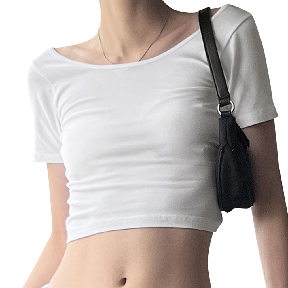 Slim Short Sleeve Top Round Neck Pure Color Back Crossing Fashionable Casual T Shirt for Party Dating Shopping White M