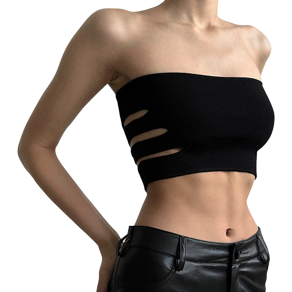 Women Tube Top Strapless Sleeveless Stretchy Cut Out Short Solid Colour Tank Top Camisole Black Q23TP187 M