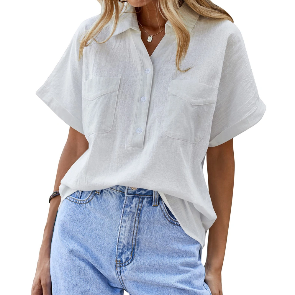 Women Short Sleeve Turn Down Collar Top Casual Plain Color V Neck Button Shirt Blouse with Pockets White S