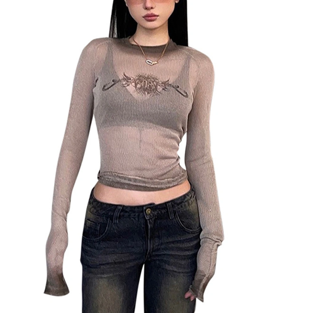 Women Slim Fit Top Long Sleeve Round Neck Top Lightweight Fabric Casual Top for Summer Brown L