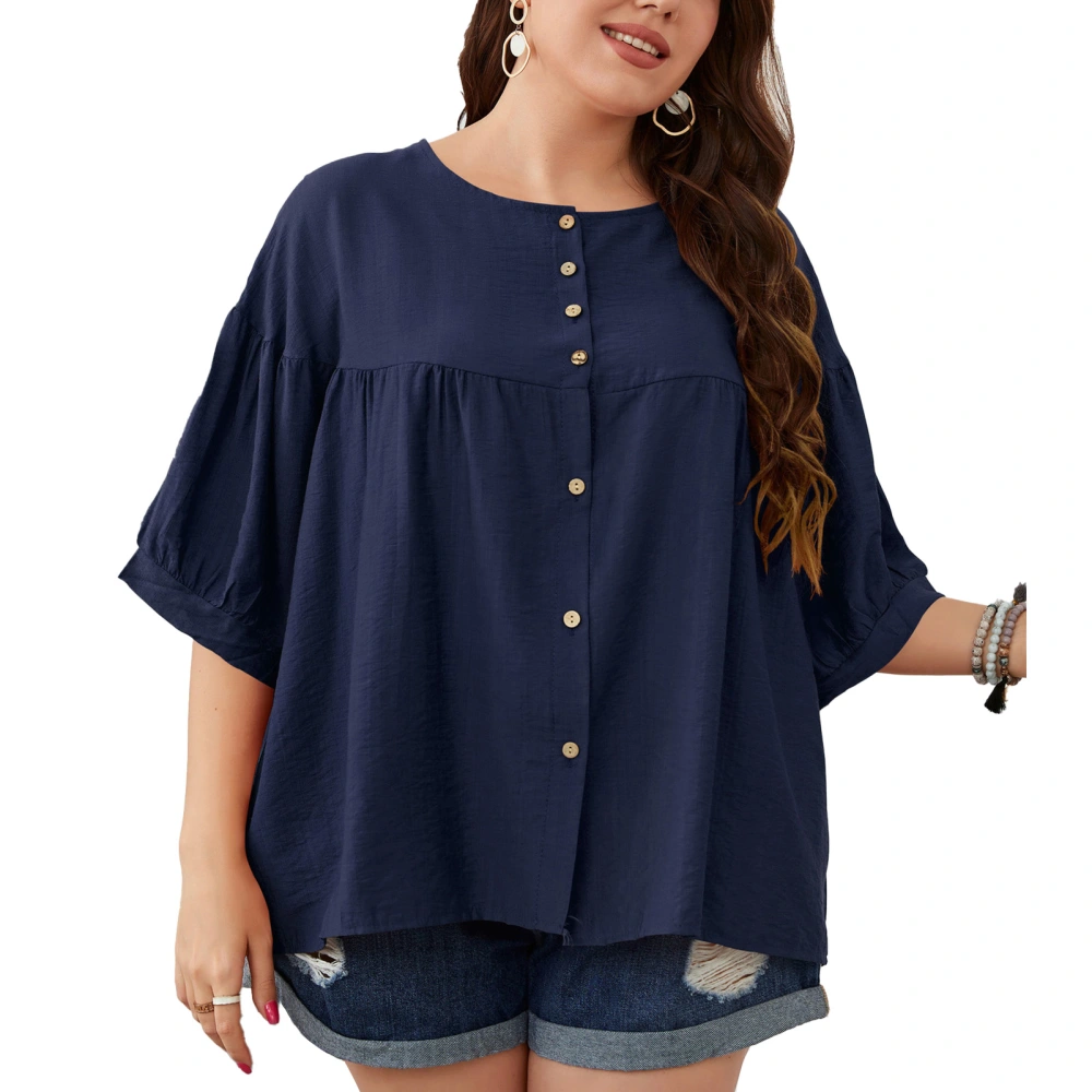 Women Button Down Short Sleeve Shirt Single Breasted Round Neck Causal Lady Loose Blouse for Daily Royalblue XXXL