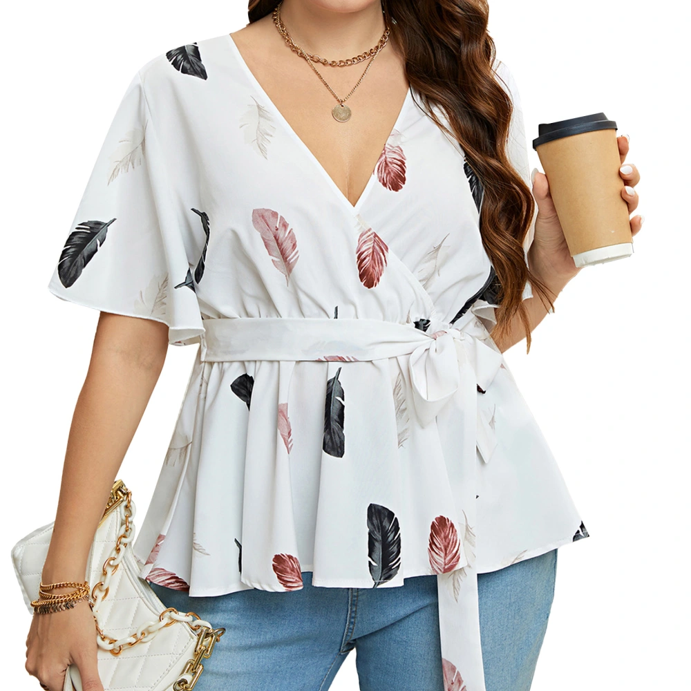 Women V Neck Short Sleeve Blouse Shirts Summer Fashion Print Strap Design Women Short Sleeve V Neck Loose Top White 2XL