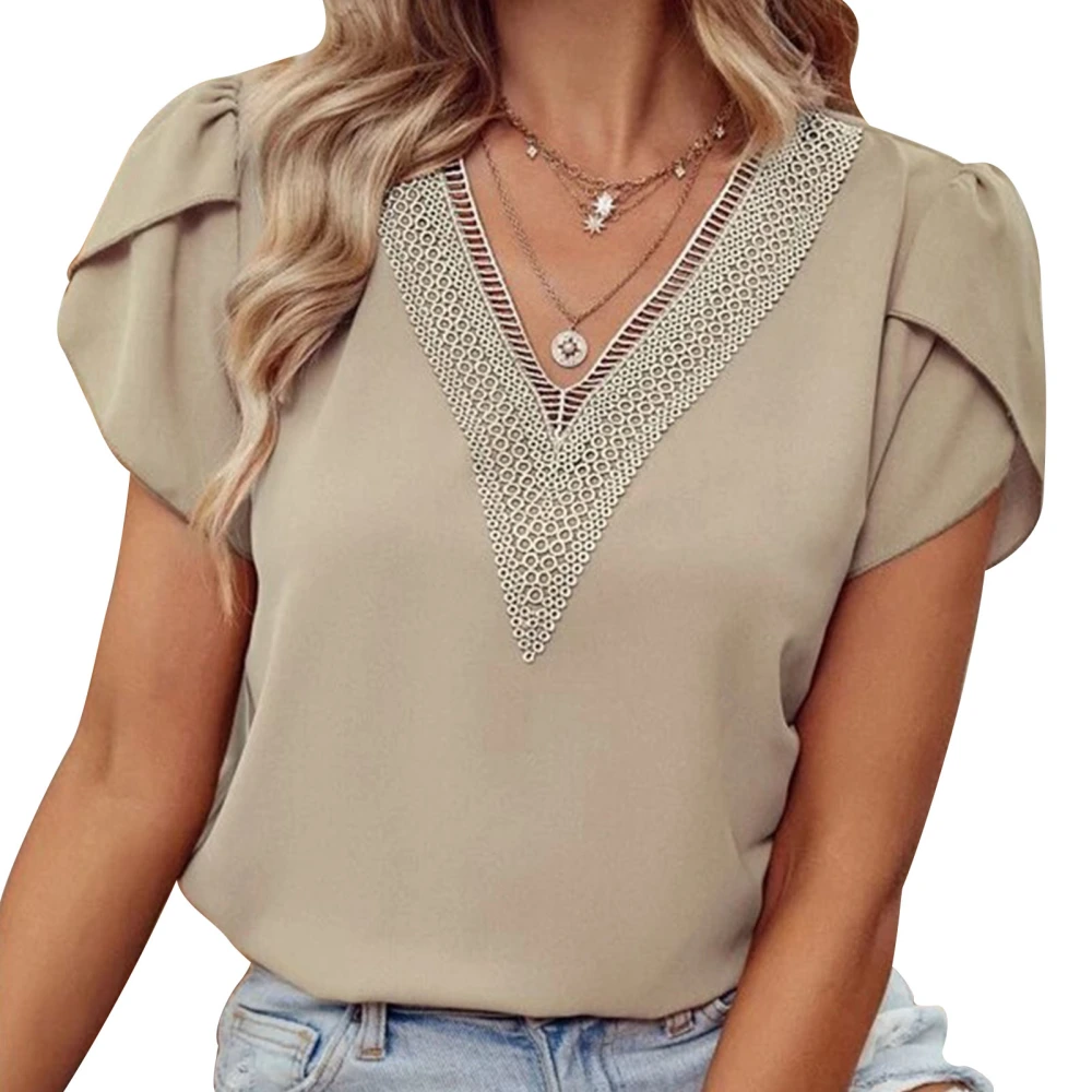 Women Summer Top Casual Loose Lace Deep V Neck Short Petal Sleeve T Shirt for Female Khaki XL