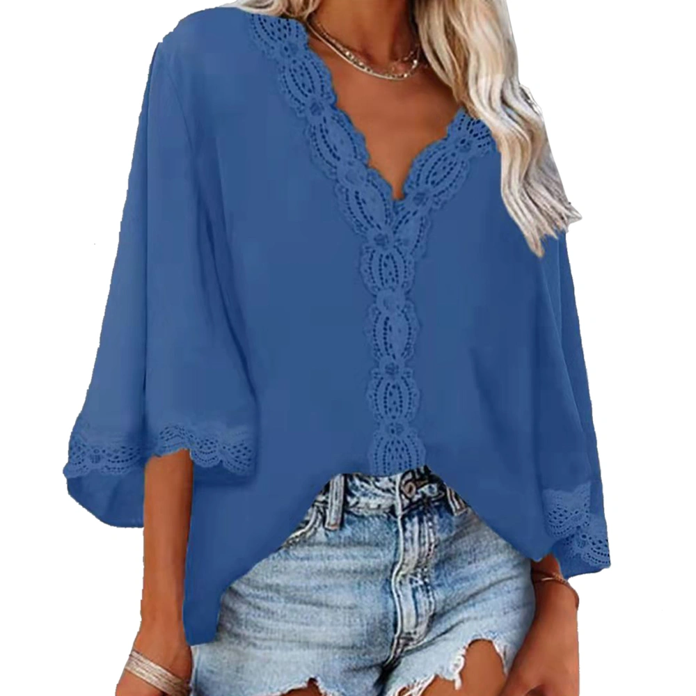 Women Top Bell Sleeve Blouse Deep V Neck Shirt Lace Pure Color Top Loose Casual Shirt Dark Blue S