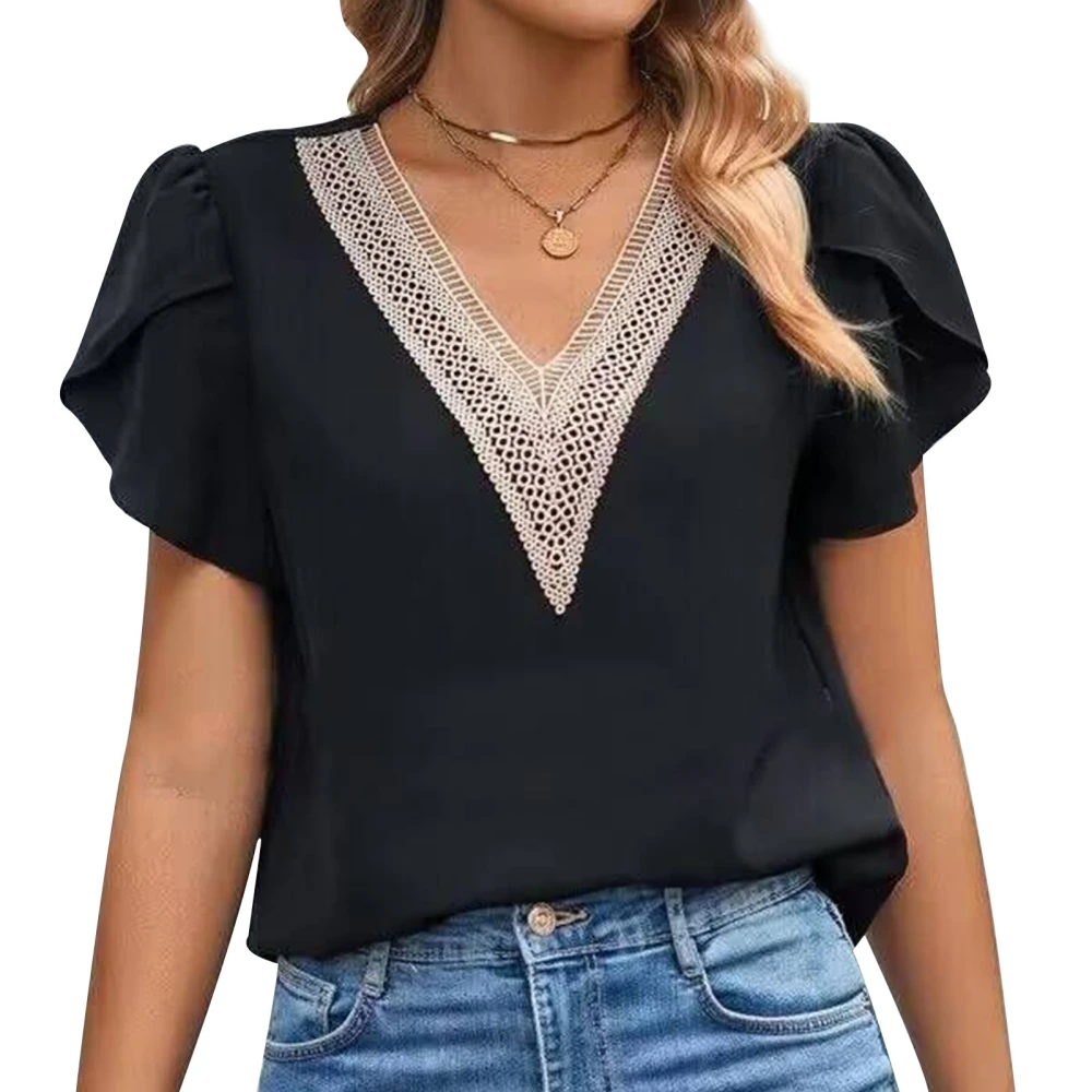 Women Summer Top Casual Loose Lace Deep V Neck Short Petal Sleeve T Shirt for Female Black M