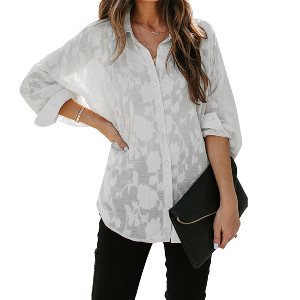 Women Shirt See Through Long Sleeve Turn Down Collar Button Down Pure Color Casual Lady Blouse for Daily Work White M