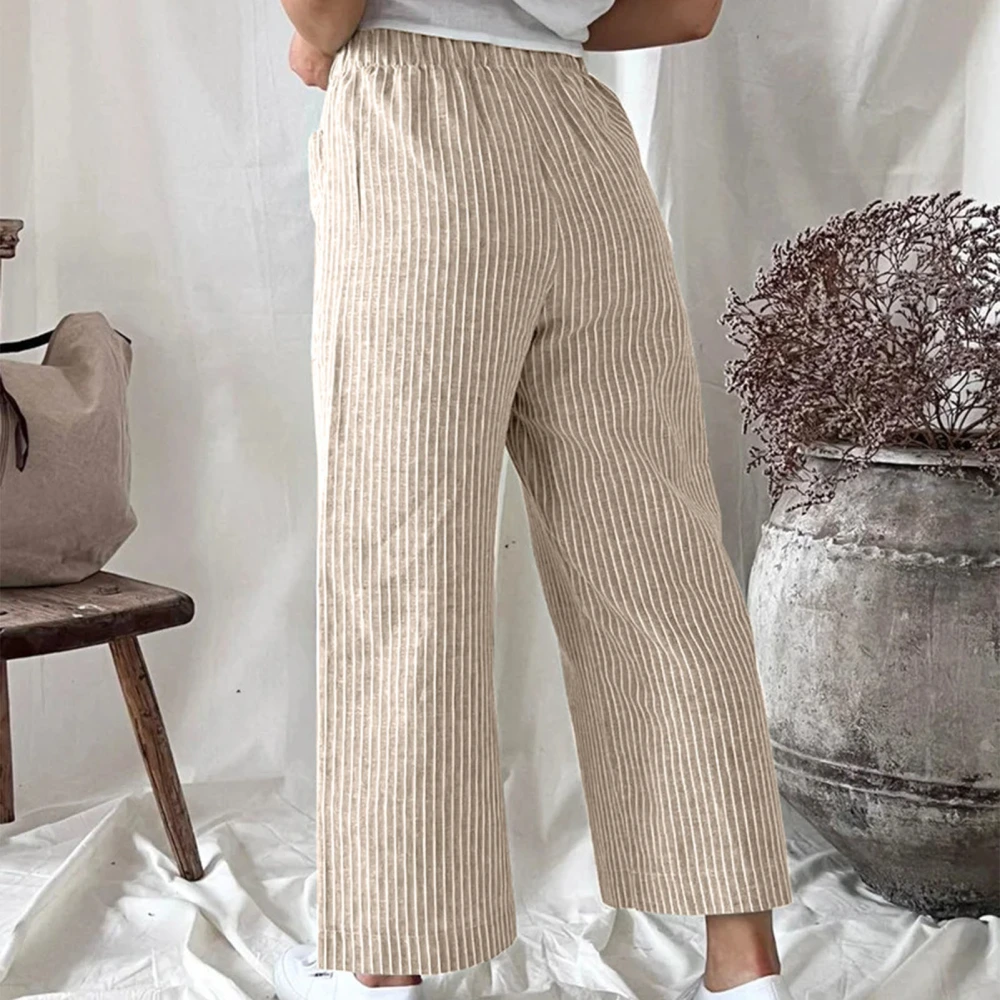 Women Wide Straight Leg Pants Striped Elastic Waist Loose Fit Comfy Casual Slacks Khaki XXL