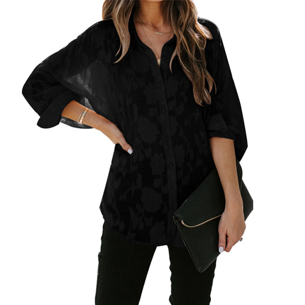 Women Shirt See Through Long Sleeve Turn Down Collar Button Down Pure Color Casual Lady Blouse for Daily Work Black S