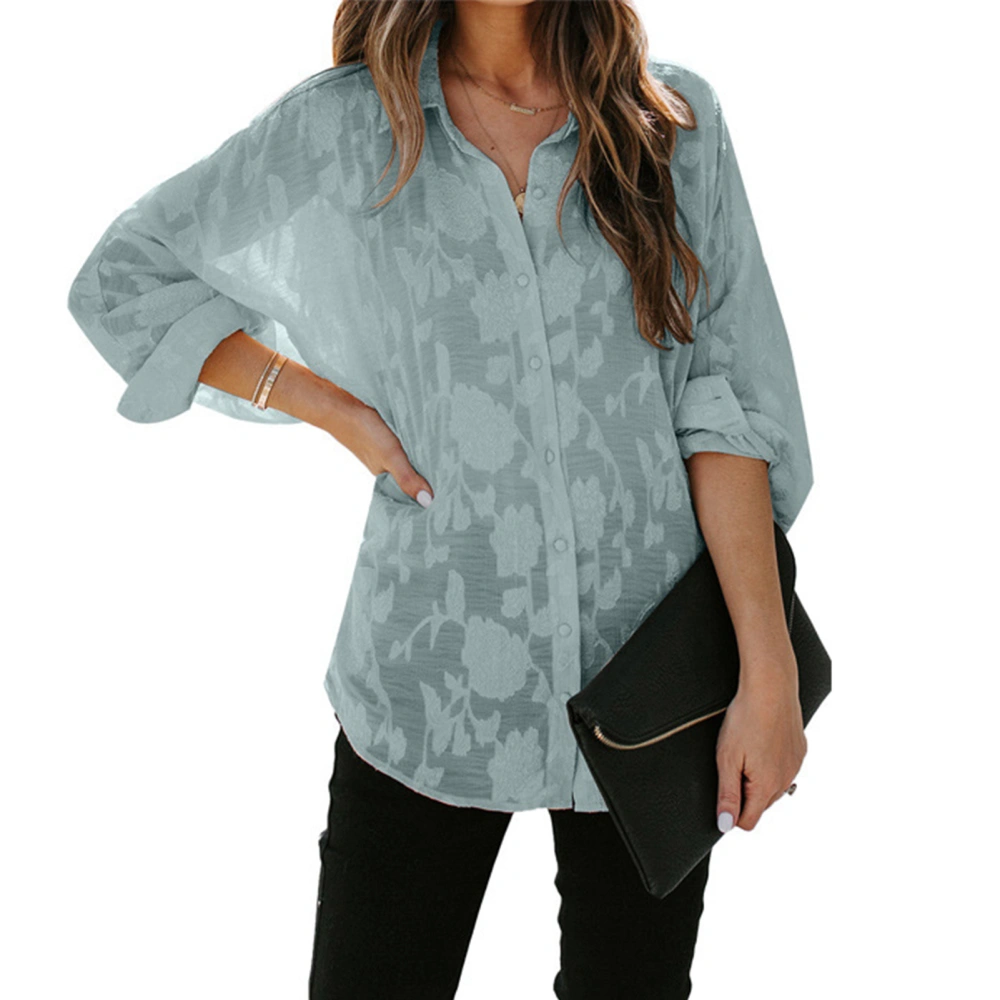 Women Shirt See Through Long Sleeve Turn Down Collar Button Down Pure Color Casual Lady Blouse for Daily Work Blue L