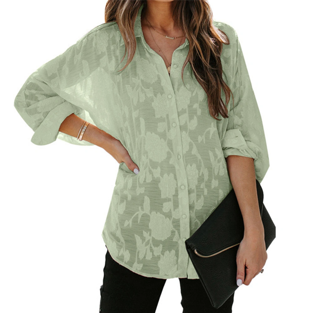 Women Shirt See Through Long Sleeve Turn Down Collar Button Down Pure Color Casual Lady Blouse for Daily Work Green M