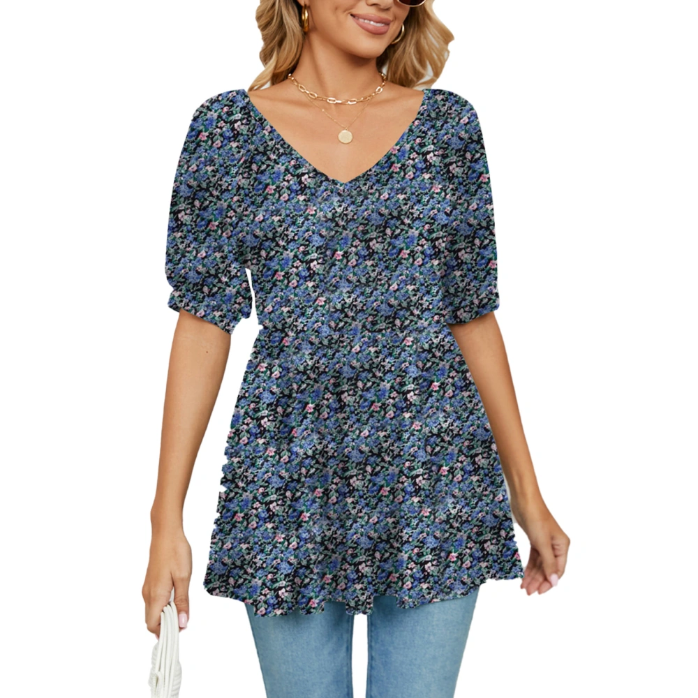 Women V Neck Top Elastic Waist Short Puff Sleeve Top Floral Print Loose Hem Blouse Summer T Shirt Blue Floral Print XL