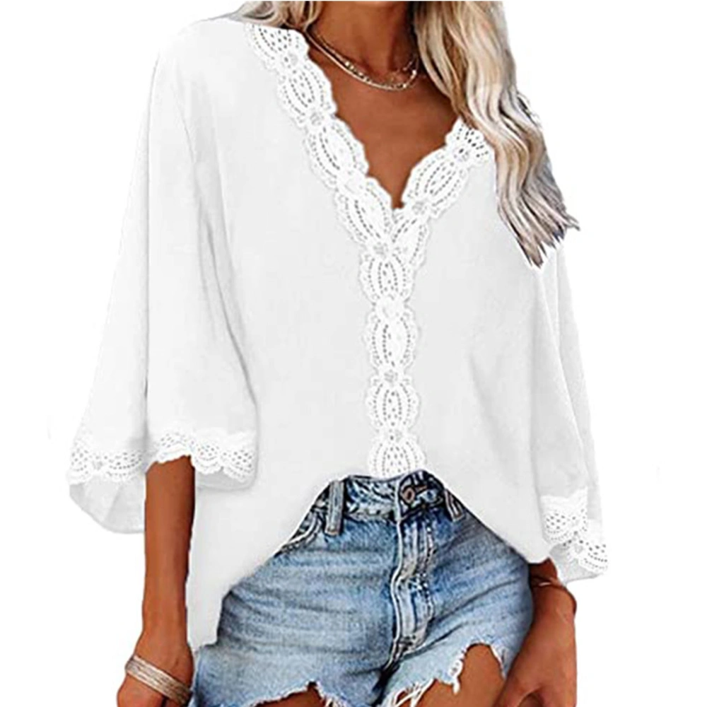 Women Top Bell Sleeve Blouse Deep V Neck Shirt Lace Pure Color Top Loose Casual Shirt White M