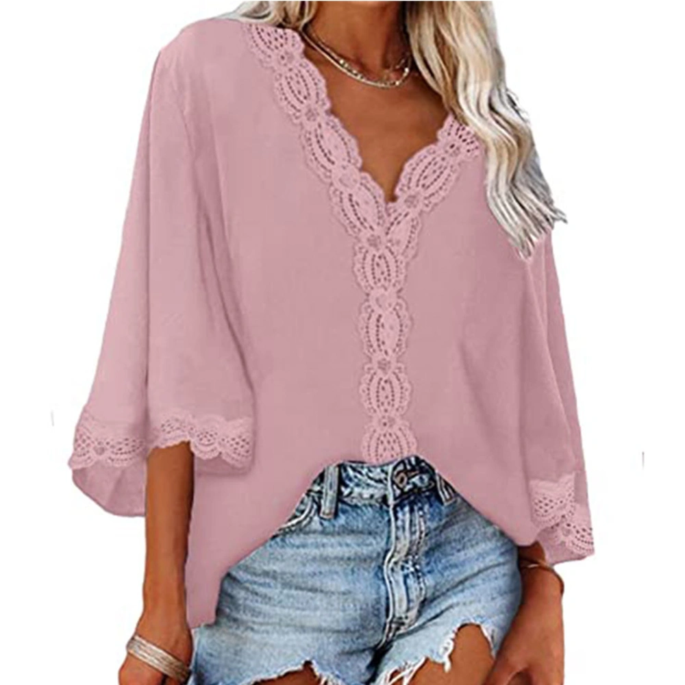 Women Top Bell Sleeve Blouse Deep V Neck Shirt Lace Pure Color Top Loose Casual Shirt Pink XL