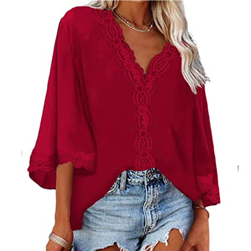 Women Top Bell Sleeve Blouse Deep V Neck Shirt Lace Pure Color Top Loose Casual Shirt Burgundy S