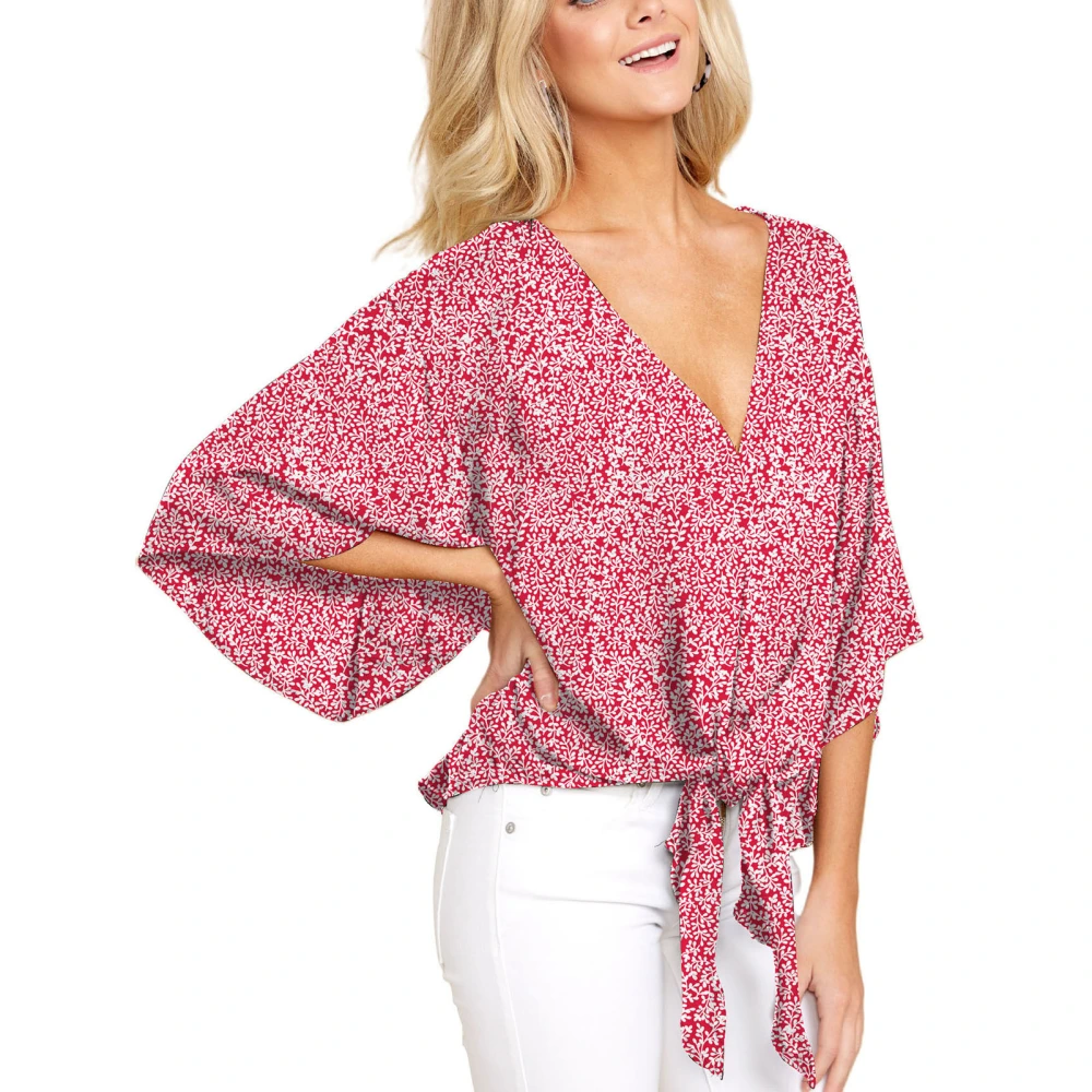 Women Loose Blouse Floral Print Deep V Neck Long Sleeve Tie Front Knot Blouse for Female Red L