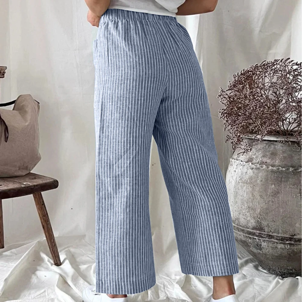 Women Wide Straight Leg Pants Striped Elastic Waist Loose Fit Comfy Casual Slacks Blue XXL