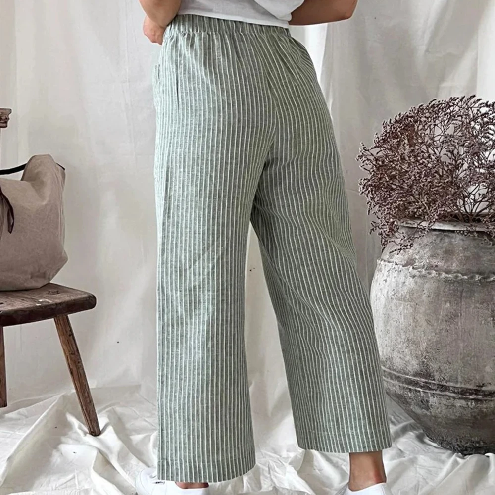 Women Wide Straight Leg Pants Striped Elastic Waist Loose Fit Comfy Casual Slacks Light Green XXL