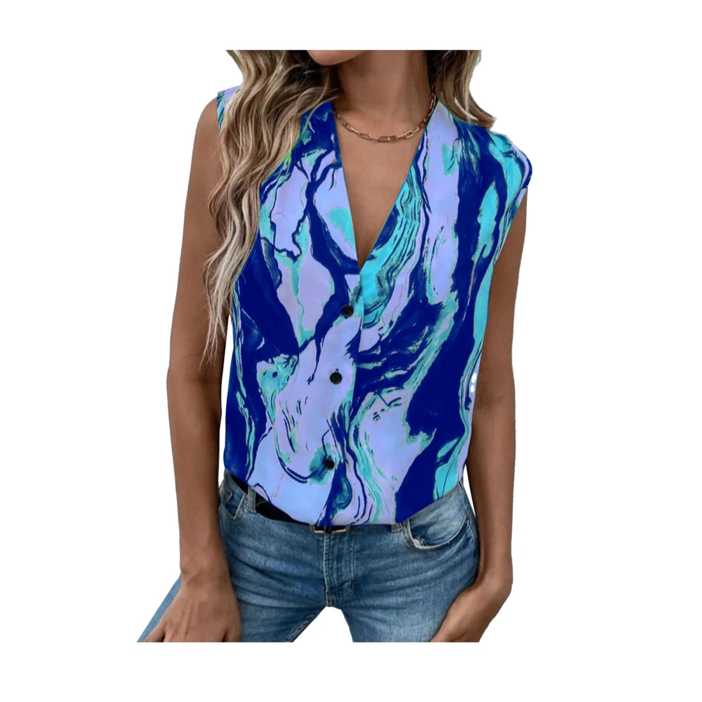 Women Sleeveless Shirt V Neck Printing Button Closure Loose Fitting Summer Casual Tank Top Blue L