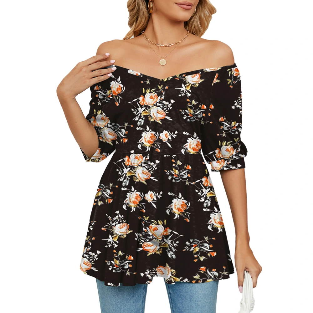 Women V Neck Top Elastic Waist Short Puff Sleeve Top Floral Print Loose Hem Blouse Summer T Shirt Black Flower XL