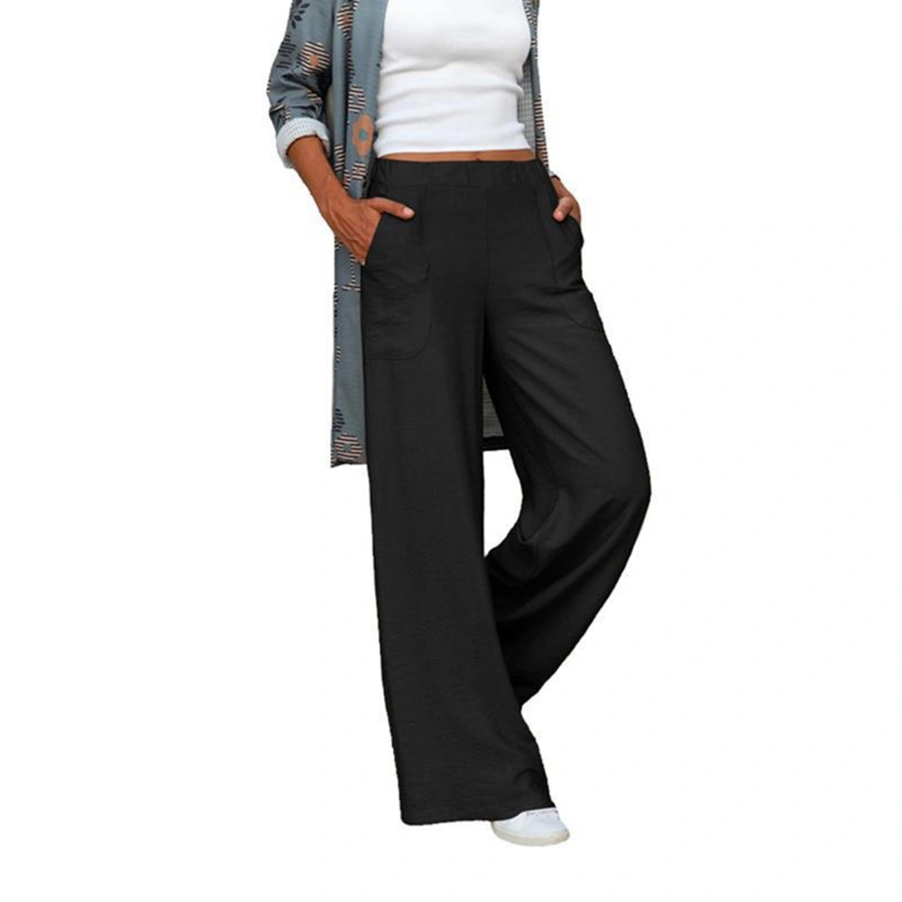 Women Wide Leg Lounge Pants Side Pockets Mid Rise Elastic Waist Loose Fit Comfy Casual Slacks Pants Black S