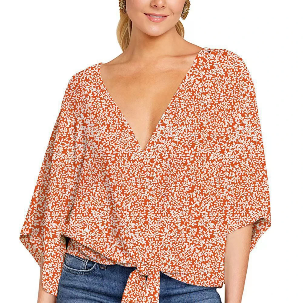 Women Loose Blouse Floral Print Deep V Neck Long Sleeve Tie Front Knot Blouse for Female Orange M