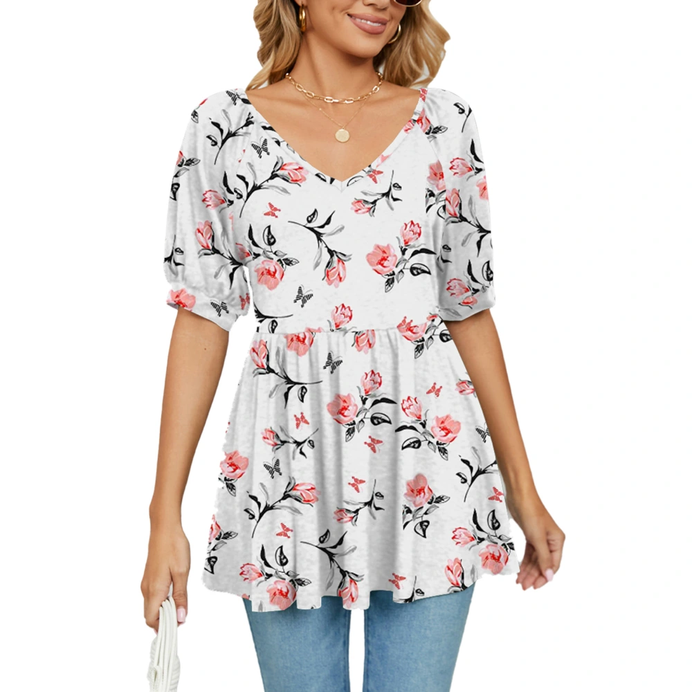 Women V Neck Top Elastic Waist Short Puff Sleeve Top Floral Print Loose Hem Blouse Summer T Shirt White Flower XL