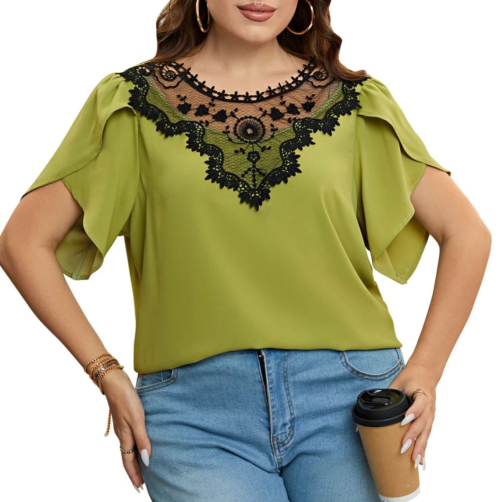 Women T Shirt Crew Neck Short Sleeves Loose Fit Lace Stitching Casual Design Comfortable Blouse Green 3XL