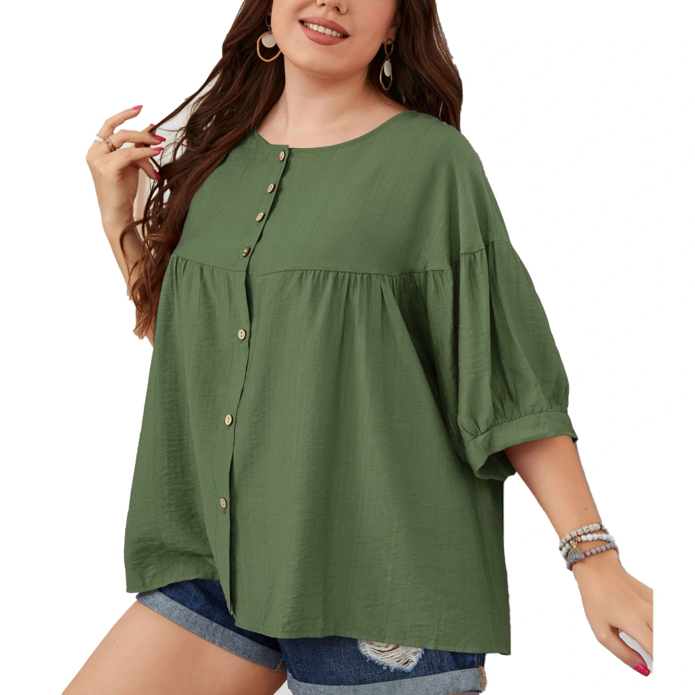 Women Button Down Short Sleeve Shirt Single Breasted Round Neck Causal Lady Loose Blouse for Daily Grass Green XXL