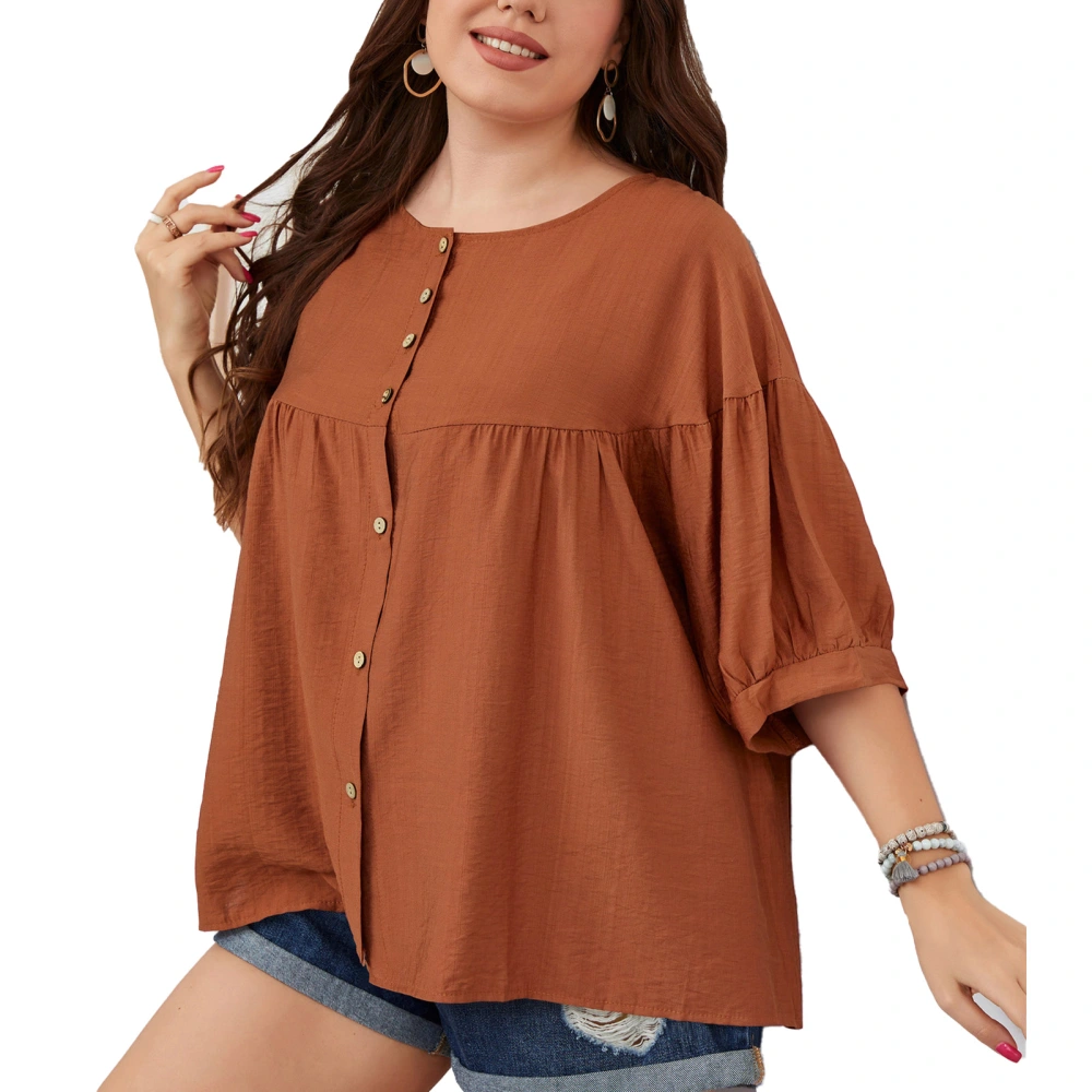 Women Button Down Short Sleeve Shirt Single Breasted Round Neck Causal Lady Loose Blouse for Daily Brownish Red XXXL