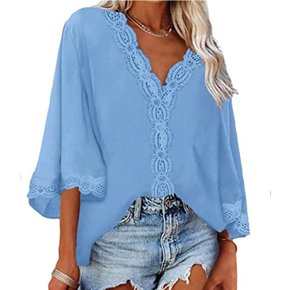 Women Top Bell Sleeve Blouse Deep V Neck Shirt Lace Pure Color Top Loose Casual Shirt Sky Blue M