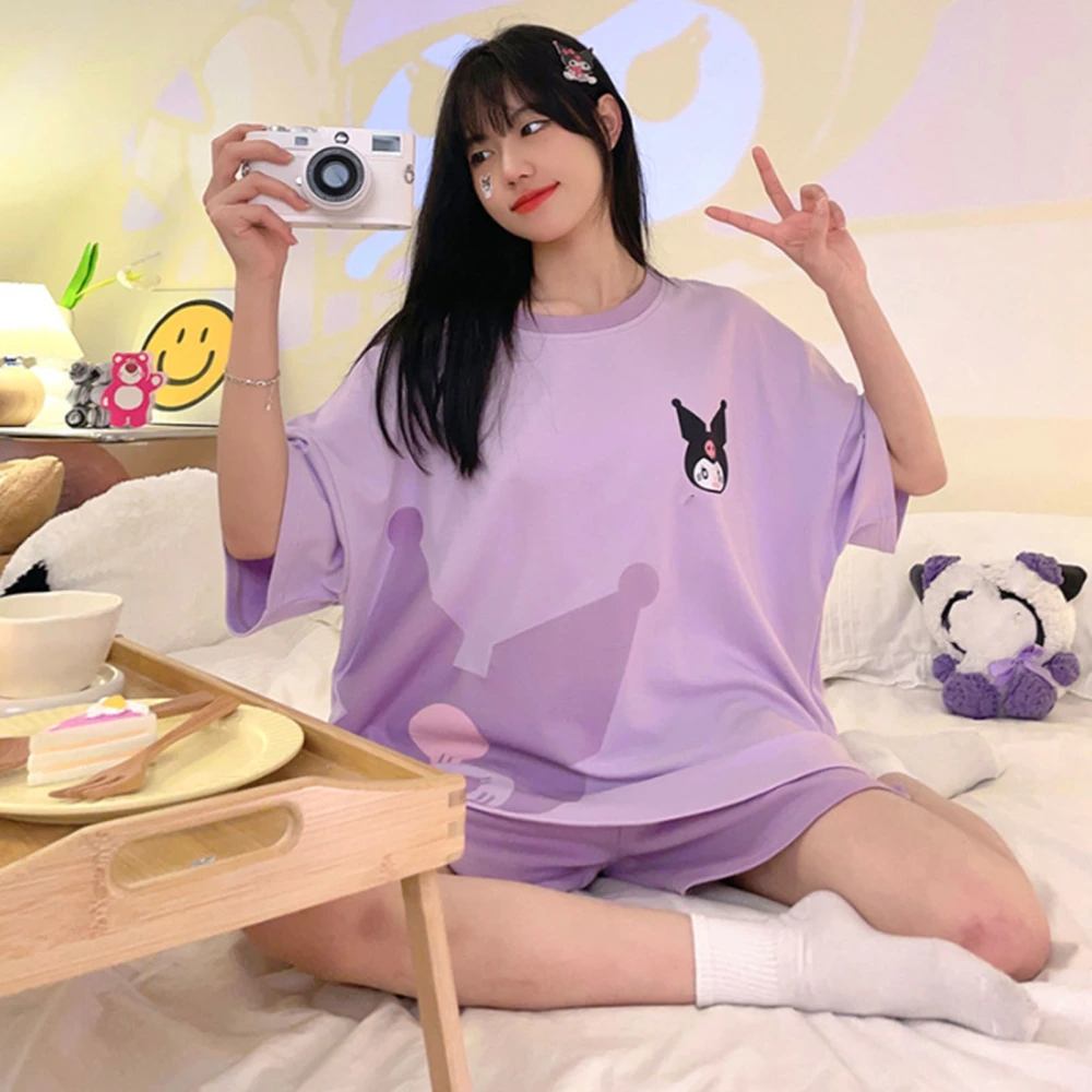 Cartoon Short Pajamas Set Round Neck Sweet Printed Short Sleeved Lounge Set for Summer Women Purple M